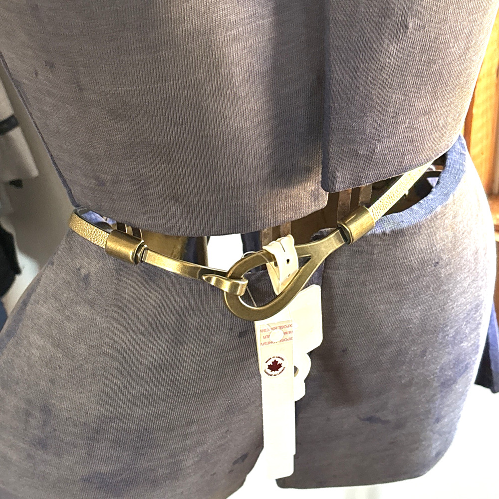 Deadstock Bass Womens Belt Large Skinny Thin Gold Leather Belt Brass Buckle